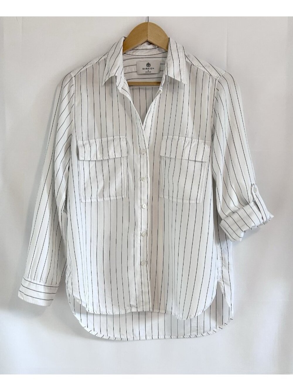 Aritzia Babaton Utility Shirt Preppy Casual Pinstripe White Gray Women’s Small